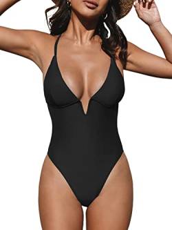 CUPSHE Damen Badeanzug V Ausschnitt Tiefer Rückenausschnitt Crossback Figurformend Einteilige Bademode Swimsuit Schwarz XL von CUPSHE