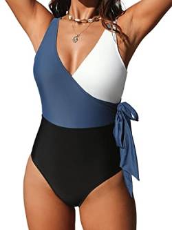 CUPSHE Damen Badeanzug V Ausschnitt Wickeloptik Monokini Farbblock Geknotete Einteilige Bademode Swimsuit Blau XS von CUPSHE