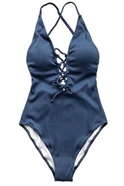 CUPSHE Damen Badeanzug mit Schnürung Plunge Einteiler Gerippte Einteilige Bademode Swimsuit Blau XS von CUPSHE