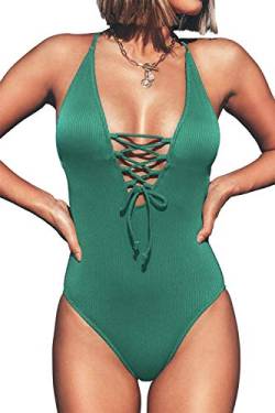 CUPSHE Damen Badeanzug mit Schnürung Plunge Einteiler Gerippte Einteilige Bademode Swimsuit Grün S von CUPSHE