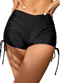 CUPSHE Damen Badeshorts Bikinihose High Waist Kordelzug Raffung Kurze Badehose Yoga Sportlich Hotpants Boardshorts Schwarz L von CUPSHE