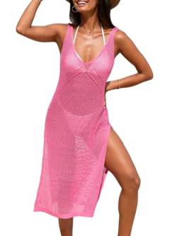 CUPSHE Damen Bikini Cover Up Strandkleid V Ausschnitt Ärmellos Lochmuster Häkeln Seitenschlitz Strandponcho Sommer Beach Midi Dress Rosenrot S von CUPSHE