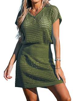 CUPSHE Damen Bikini Cover Up Strandkleid V Ausschnitt Knöpfen Lochmuster Häkelt Tunika Freizeitkleider Sommer Beach Mini Dress Armeegrün S von CUPSHE