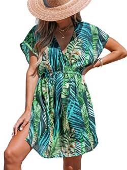 CUPSHE Damen Bikini Cover Up Strandkleid V Ausschnitt Kurzarm Blätter Print Seitenschlitz Sommer Beach Mini Dress Grünes Blatt S von CUPSHE