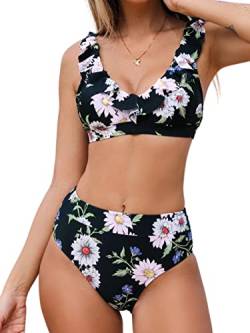CUPSHE Damen-Bikini-Set, 2-teilig, Badeanzug, Rüschen, V-Ausschnitt, Rückenbindung, Blumenmuster, mittlere Taille, Schwarz / Blumenmuster, XL von CUPSHE