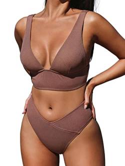 CUPSHE Damen-Bikini-Set, hohe Taille, Triangel-Oberteil, tiefer V-Ausschnitt, gerippt, zweiteiliger Badeanzug, Bademode, Bohnenpaste, L von CUPSHE