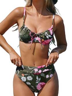 CUPSHE Damen-Bikini-Set, zweiteilig, mittlere Taille, Blumenmuster, überkreuzter Rücken, Rundhalsausschnitt, Badeanzüge, Dunkelgrünes Blumenmuster, XS von CUPSHE
