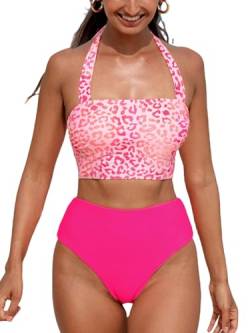 CUPSHE Damen-Bikini-Set, zweiteilig, quadratischer Ausschnitt, Neckholder, verstellbare Träger, wendbar, hohe Taille, Leopardenmuster, pink leopard, XL von CUPSHE