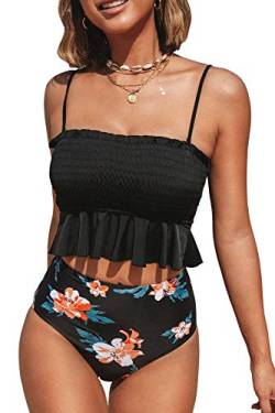 CUPSHE Damen Bikini Set Bandeau Gesmokte Bademode Rüschen Blumenmuster High Waist Zweiteiliger Badeanzug Schwarz M von CUPSHE