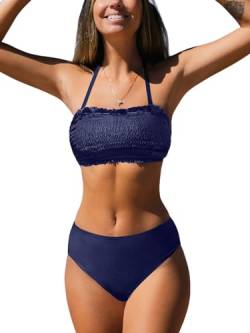 CUPSHE Damen Bikini Set Bandeau Neckholder Gesmokte Bademode Abnehmbare Träger Rückenbindung Mid Waist Zweiteiliger Badeanzug Swimsuit Dunkelblau S von CUPSHE