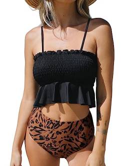 CUPSHE Damen Bikini Set Bandeau Rüschen High Waist Gesmokte Bademode Zweiteiliger Badeanzug Swimsuit Schwarz/Leopardenmuster M von CUPSHE