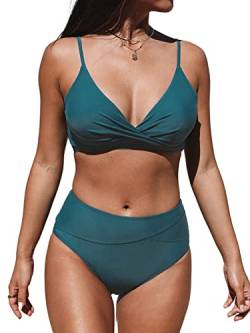 CUPSHE Damen Bikini Set Crossover High Waist Bikini Bademode Wickeloptik V Ausschnitt Raffungen Zweiteiliger Badeanzug Swimsuit Ozeanblau M von CUPSHE