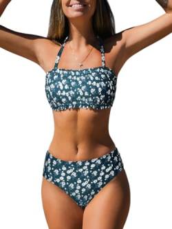 CUPSHE Damen Bikini Set Neckholder Bandeau Gesmokte Bademode Abnehmbare Träger Mid Waist Blumenmuster Zweiteiliger Badeanzug Swimsuit Blaugrün XL von CUPSHE