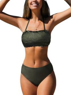 CUPSHE Damen Bikini Set Neckholder Bandeau Gesmokte Bademode Abnehmbare Träger Mid Waist Zweiteiliger Badeanzug Swimsuit Armee Grün L von CUPSHE