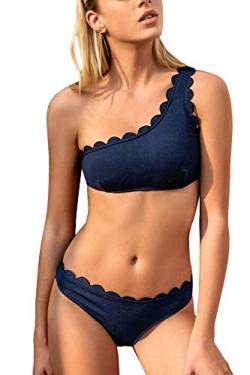 CUPSHE Damen Bikini Set One Shoulder Bandeau Bikinioberteil Wellenkante Strandmode Zweiteiliger Asymmetrischer Badeanzug Blau L von CUPSHE