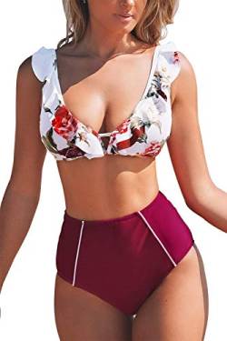 CUPSHE Damen Bikini Set Rüschen Bikinioberteil Top mit High Waist Bikinihose Strandmode Blumen Zweiteiliger Badeanzug Rot M von CUPSHE