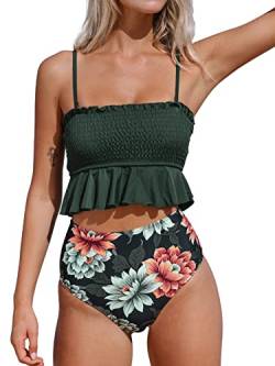 CUPSHE Damen Bikini Set Rüschen Gesmokter Bikini Bandeau Geraffte Bademode High Waist Zweiteiliger Badeanzug Armee Grün L von CUPSHE