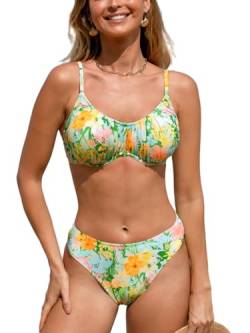 CUPSHE Damen Bikini Set U Ausschnitt Push Up Geraffte Freche Floral Bikini Bademode Zweiteiliger Badeanzug Swimsuit Grün/Blumenmuster L von CUPSHE