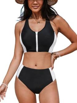 CUPSHE Damen Bikini Set U Ausschnitt Reißverschluss High Waist Sport Tank Bikini Bademode Farbblock Kontrastfarben Zweiteiliger Badeanzug Swimsuit Schwarz/Weiß M von CUPSHE