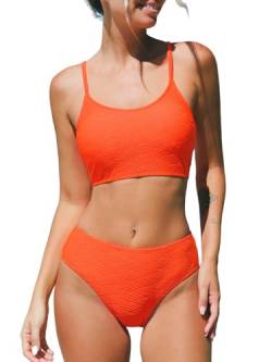 CUPSHE Damen Bikini Set U Ausschnitt Tank Sport Bikini Mid Waist Cheeky Strukturierte Bademode Zweiteiliger Badeanzug Swimsuit Neon-orange L von CUPSHE