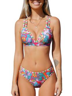 CUPSHE Damen Bikini Set V Ausschnitt Blumenmuster Mid Waist Bademode Riemchen Farbpaspel Cut Out Zweiteiliger Badeanzug Swimsuit Candy Floral L von CUPSHE