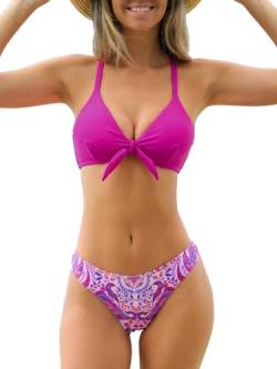 CUPSHE Damen Bikini Set V Ausschnitt Krewatte Crossback Bikini Bademode Low Rise Paisley Print Zweiteiliger Badeanzug Swimsuit Magenta/Paisleymuster S von CUPSHE