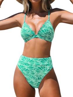 CUPSHE Damen Bikini Set V Ausschnitt Wellenkanten High Waist Bikini Bademode Triangel Oberteil Lace Up Texturierter Zweiteiliger Badeanzug Swimsuit Mintgrün L von CUPSHE