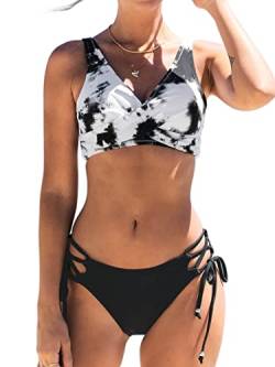 CUPSHE Damen Bikini Set Wickeloptik Lace Up Bikini Bademode V Ausschnitt Batikmuster Zweiteiliger Badeanzug Swimsuit Schwarz XL von CUPSHE