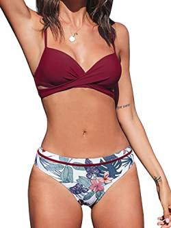 CUPSHE Damen Bikini Set Wickeloptik Push Up Bikini Bademode Blumenmuster Zweiteiliger Badeanzug Swimsuit Weinrot L von CUPSHE