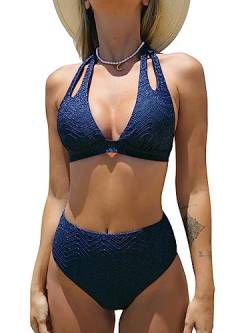 CUPSHE Damen Bikini Set Zweiteiliger Badeanzug Neckholder Selbstbinden Ausschnitt Rücken Haken Hohe Taille Bottom Ripple Lurex, Marineblau, S von CUPSHE