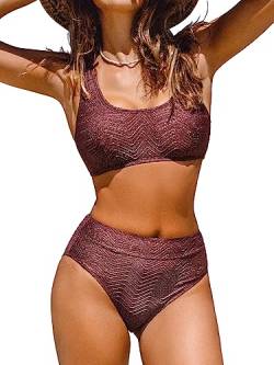 CUPSHE Damen Bikini Set Zweiteiliger Badeanzug U-Ausschnitt Breite Träger Sportlich Hohe Taille Badeanzug High Cut Bottom Lurex, Rotbraun, M von CUPSHE