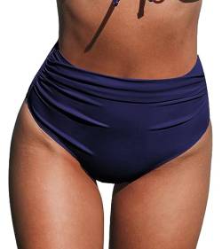 CUPSHE Damen Bikinihose High Waist Bauchweg Raffung Badehose Hipster Unifarben Cheeky Bikini Slip Marineblau M von CUPSHE