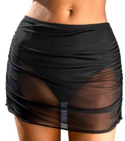 CUPSHE Damen Bikinirock Mittlere Taille Raffung Sheer Mesh Bikinihose Baderock mit Innenslip Hotpants Bikini-Unterteil Schwarz M von CUPSHE