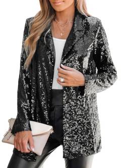 CUPSHE Damen Blazer Pailletten Glitzer Jacke Revers Langarm Vorne Offen Party Festlich Cardigan Outwear Schwarz L von CUPSHE