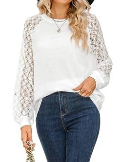 CUPSHE Damen Bluse Rundhals Lange Spitzenärmel Elegant Spitzen Oberteile Tops Langarmshirt Lässige Tunika Hemd Weiß M von CUPSHE