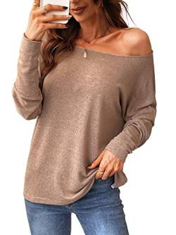 CUPSHE Damen Blusen Carmenausschnitt Fledermausärmel Langarm Hemd Tunika Blusentop Shirts Taupe M von CUPSHE