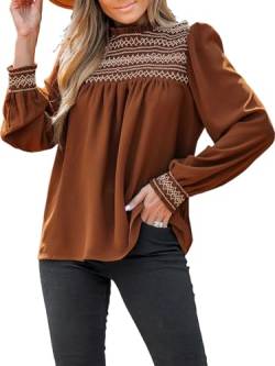 CUPSHE Damen Blusen Mock Neck Volant Stickerei Gesmoktes Langarmshirt Oberteile Elegant Tunika Hemd Tops Braun M von CUPSHE