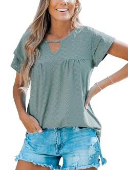 CUPSHE Damen Blusen Rundhals Keyhole Gestufte Kurzärmel Spitze Oberteile Tshirt Tunika Bluse Tops Graugrün XL von CUPSHE