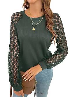 CUPSHE Damen Blusen Rundhals Spitzenärmel Langarmshirt Oberteile Lässige Tunika Bluse Tops Grün M von CUPSHE