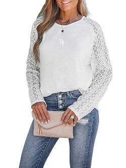 CUPSHE Damen Blusen Rundhals Spitzenärmel Langarmshirt Spitzen Oberteile Tshirt Tunika Bluse Tops Weiß L von CUPSHE