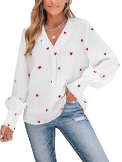 CUPSHE Damen Blusen V Ausschnitt Liebesherz Stickerei Langarm Volants Rüschen Oberteile Elegant Hemd Top Shirts Weiß M von CUPSHE