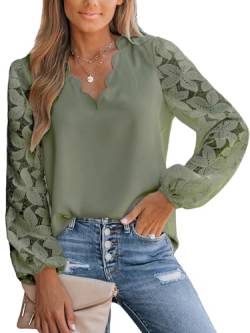 CUPSHE Damen Blusen V Ausschnitt Wellenkante Floral Spitzenärmel Langarmshirt Lässige Spitzen Oberteile Tunika Bluse Tops Grün L von CUPSHE