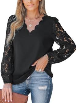 CUPSHE Damen Blusen V Ausschnitt Wellenkante Floral Spitzenärmel Langarmshirt Lässige Spitzen Oberteile Tunika Bluse Tops Schwarz XS von CUPSHE