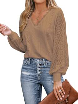 CUPSHE Damen Blusen V Ausschnitt Wellenkante Puffärmel Langarmshirt Lässige Spitzen Oberteile Tunika Bluse Tops Braun S von CUPSHE