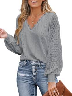 CUPSHE Damen Blusen V Ausschnitt Wellenkante Puffärmel Langarmshirt Lässige Spitzen Oberteile Tunika Bluse Tops Grau M von CUPSHE