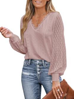 CUPSHE Damen Blusen V Ausschnitt Wellenkante Puffärmel Langarmshirt Lässige Spitzen Oberteile Tunika Bluse Tops Rose S von CUPSHE