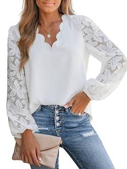 CUPSHE Damen Blusen V Ausschnitt Wellenkante Spitzenärmel Langarmshirt Lässige Spitzen Oberteile Tunika Bluse Tops Weiß M von CUPSHE