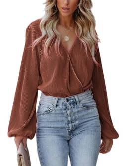 CUPSHE Damen Blusen V Ausschnitt Wickeloptik Plissee Oberteile Langarmshirt Falten Tunika Wickelbluse Tops Braun M von CUPSHE