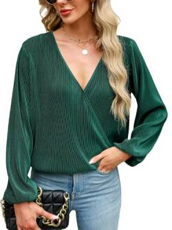 CUPSHE Damen Blusen V Ausschnitt Wickeloptik Plissee Oberteile Langarmshirt Falten Tunika Wickelbluse Tops Waldgrün XL von CUPSHE