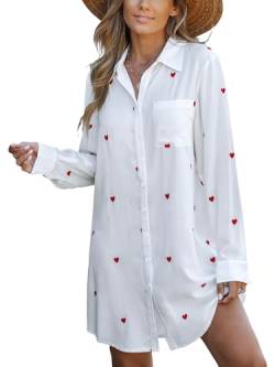 CUPSHE Damen Blusenkleid Sternmuster Langarm Sommerkleid Strandkleid Bikini Cover Up Loose Hemd Shirt Mini Dress White Heart M von CUPSHE